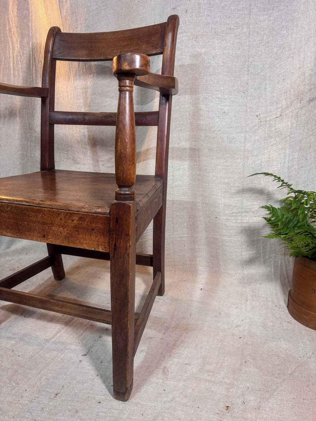 Wooden chair against a textured wall with a plant in the corner