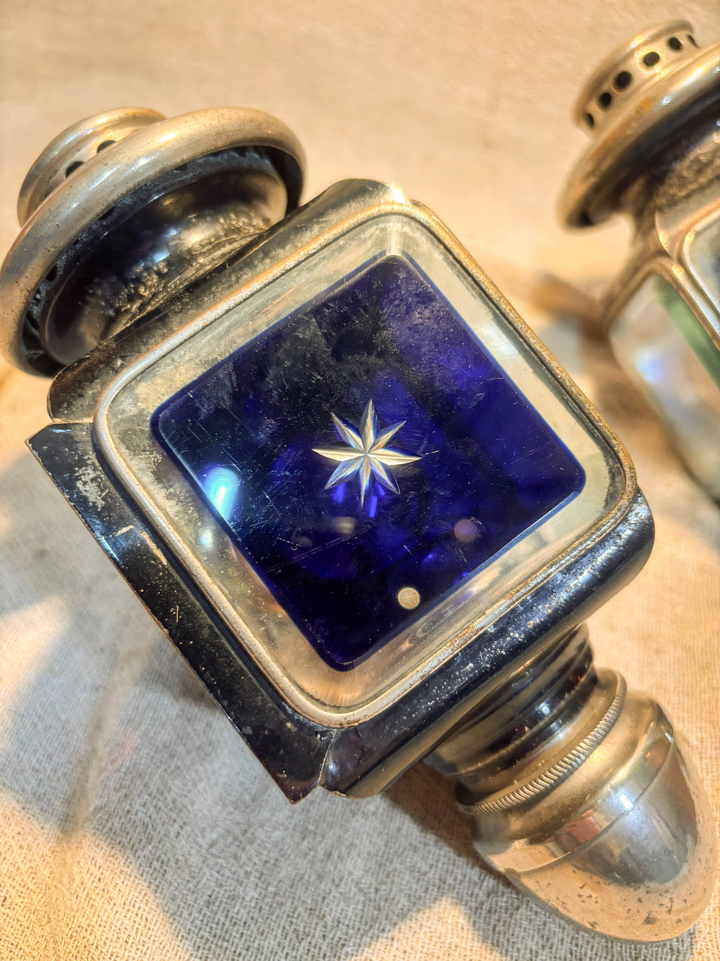 Antique French Carriage Lamp with Blue Glass Lens