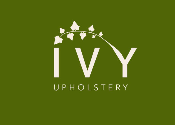 IVY Upholstery logo with white text and leaf design on a green background