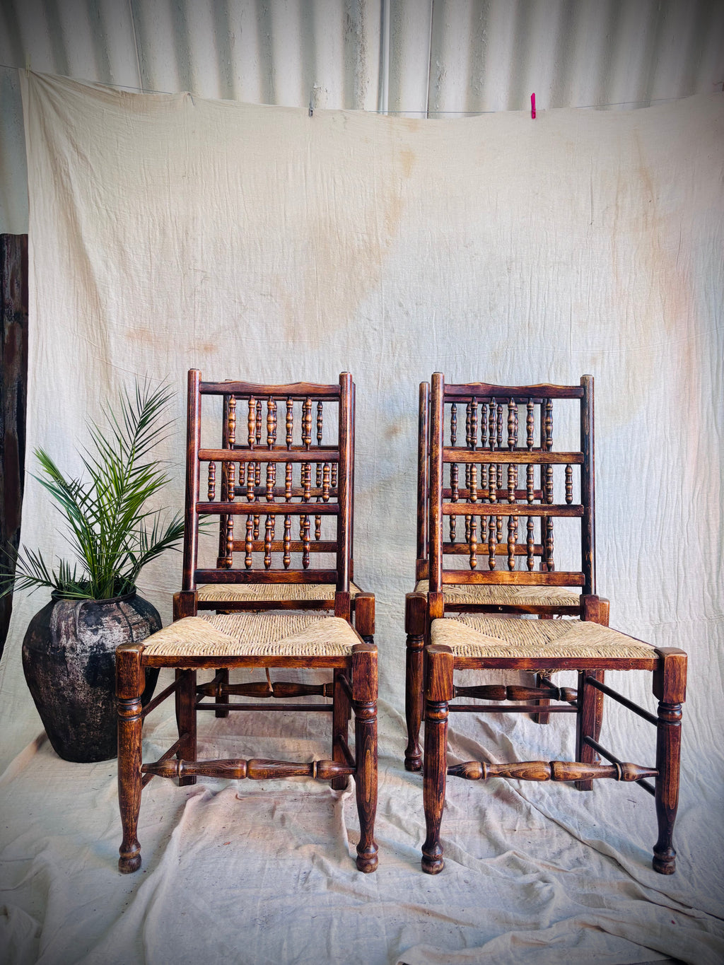 Four wooden chairs with woven seats against a plain background
