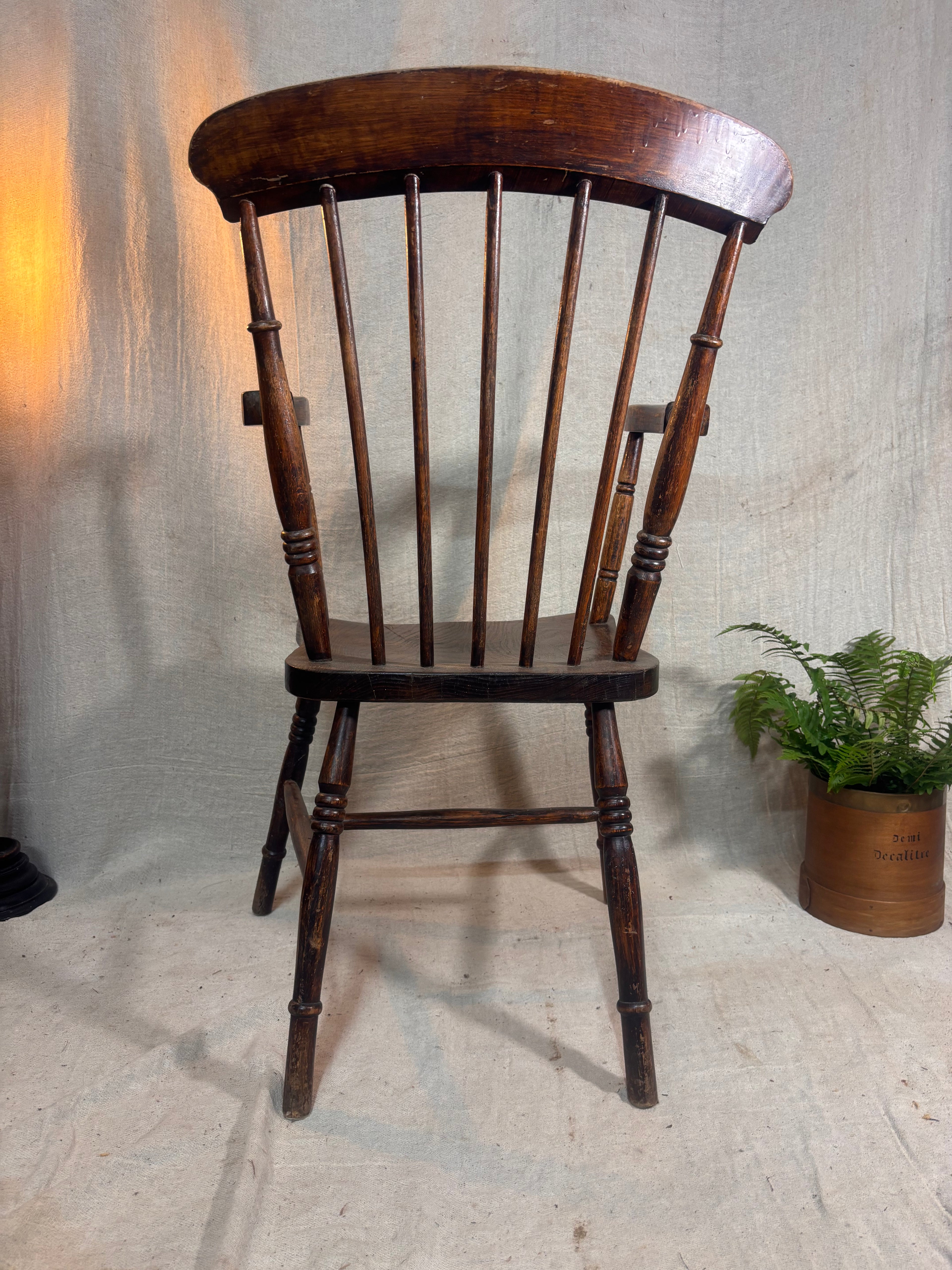 Wooden chair with a plant on a textured wall background
