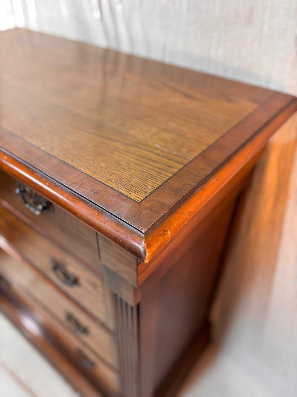 Wooden dresser with a focus on the top surface
