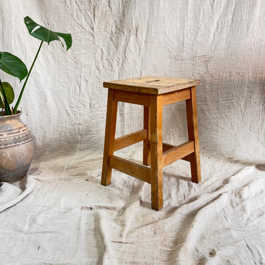 Wooden stool against a textured white wall with a plant to the left.